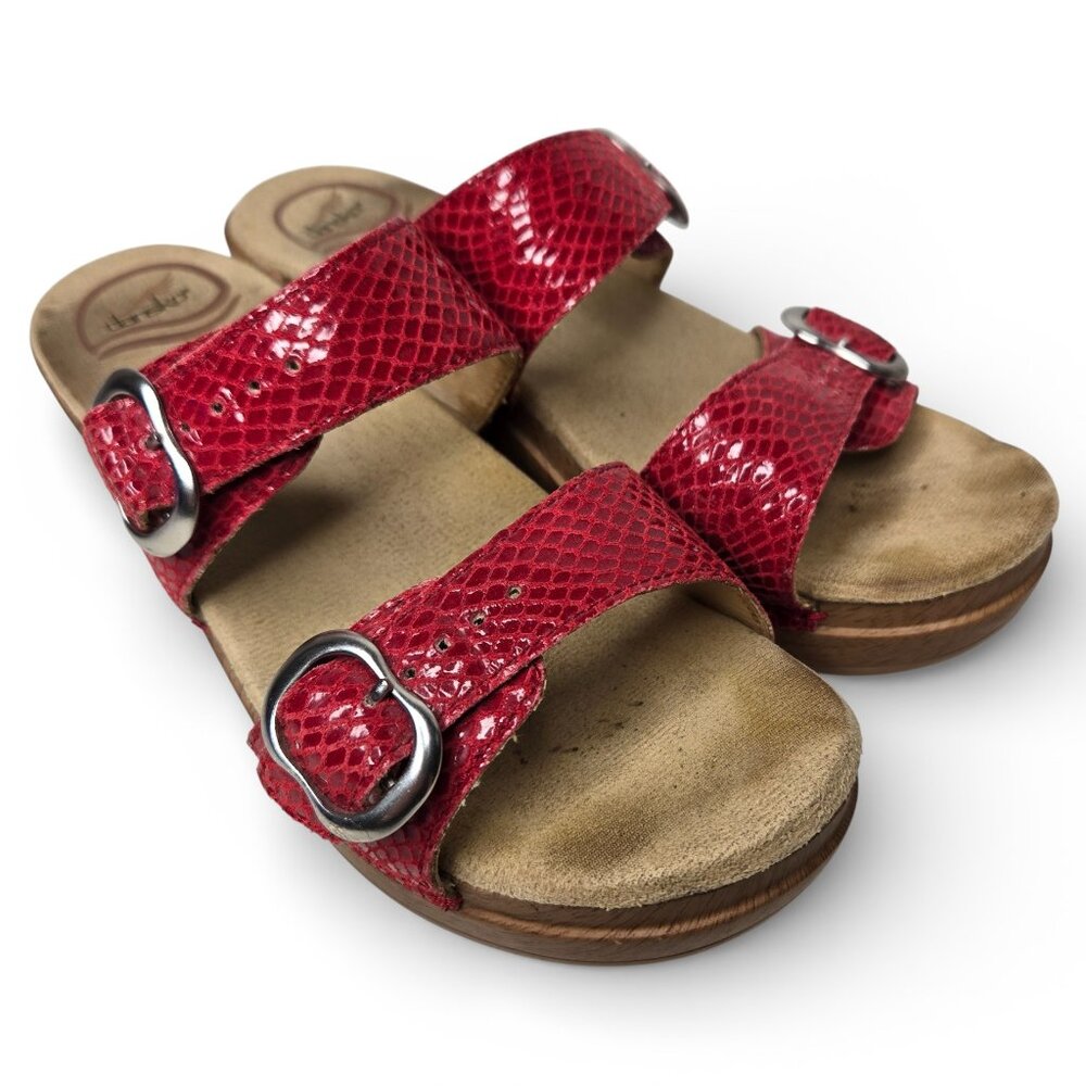Dansko Sofie Ruby Red Snake Embossed Sandals Silv… - image 2